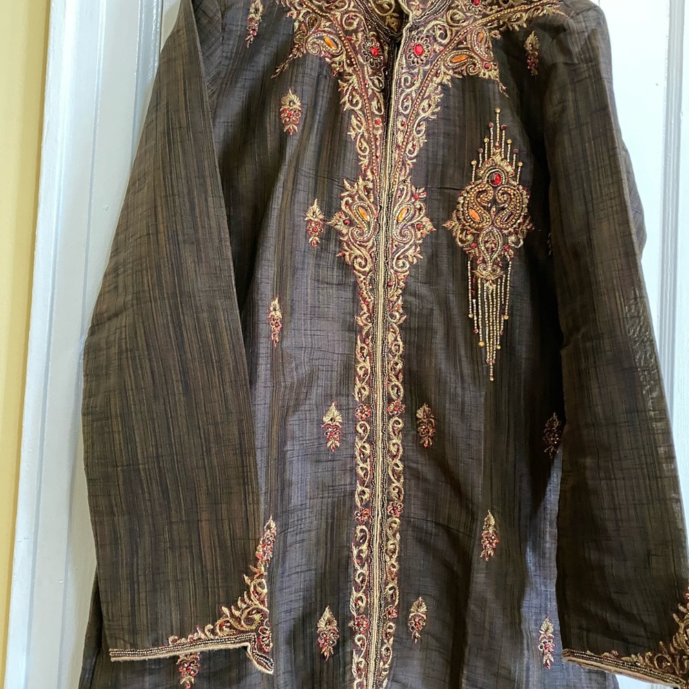Beautiful sherwani brown color embroidery with zari and bids
